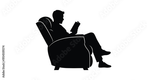 A solitary figure relaxes in a comfortable armchair completely engrossed in a book depicted as a silhouette