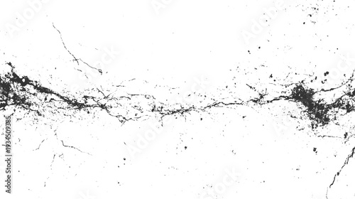 Black abstract crack texture on white background with scattered dark particles