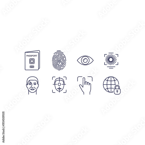 Biometric security icons: fingerprint, eye scan, face recognition, globe