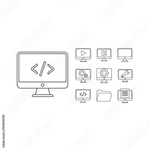 Computer monitor displaying code and icons with a grid of smaller screens