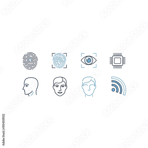Facial recognition and biometric icons: ID, eye, signal, profile