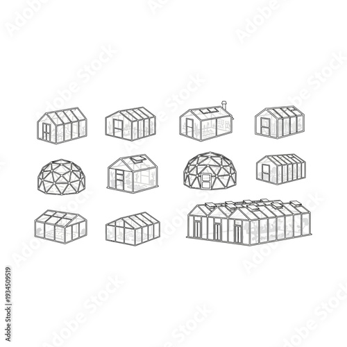 Diverse Greenhouse Structures Outline Icons Set for Horticulture Projects