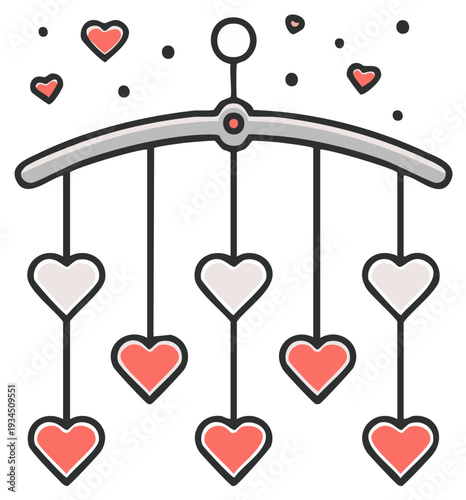 Baby mobile toy with heart shapes for love and decoration in nursery room