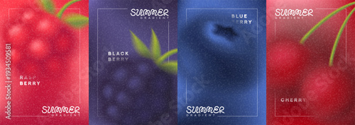 Creative summer gradient cards. Abstract vector cars with colourful gradients and blurred summer berries. Collection of grainy backgrounds for summer flyer, celebration, ads, branding, cover, sale.