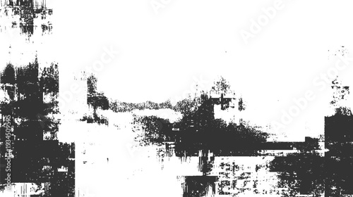 Abstract monochrome textured background with distressed dark gray shapes on white grunge