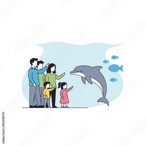 Family watches dolphin show in aquarium, pointing at playful marine mammal swimming