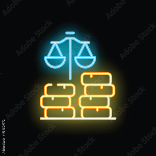 Glowing neon icon representing the concept of balancing resources and the justice system