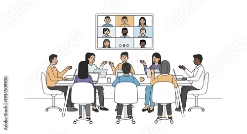 People in a meeting with a video conference displayed on a wall screen