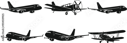 Airplane silhouettes collection, modern passenger jets and vintage propeller aircraft isolated on white background vector aviation illustration set