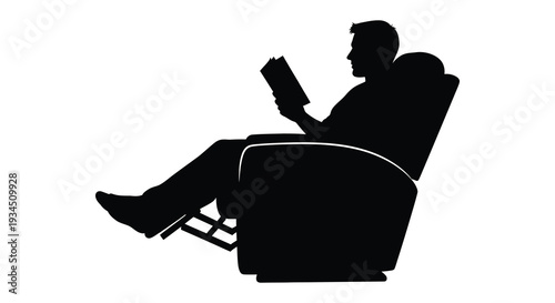 A relaxed man is depicted reading a book while lounging in a comfortable armchair presented as a silhouette