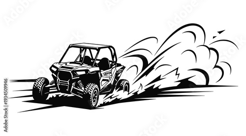 Action off-road UTV driving fast kicking up dust cloud illustration