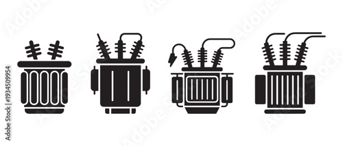 Modern Electrical Transformers Icons Set. in Flat Black Silhouette Style for Power Grid and Energy.