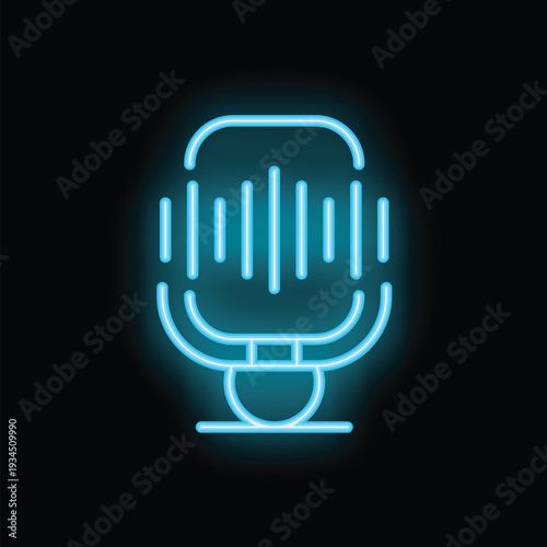 Blue neon microphone icon glowing on a dark background, perfect for designs related to audio, music, podcasting, and broadcasting