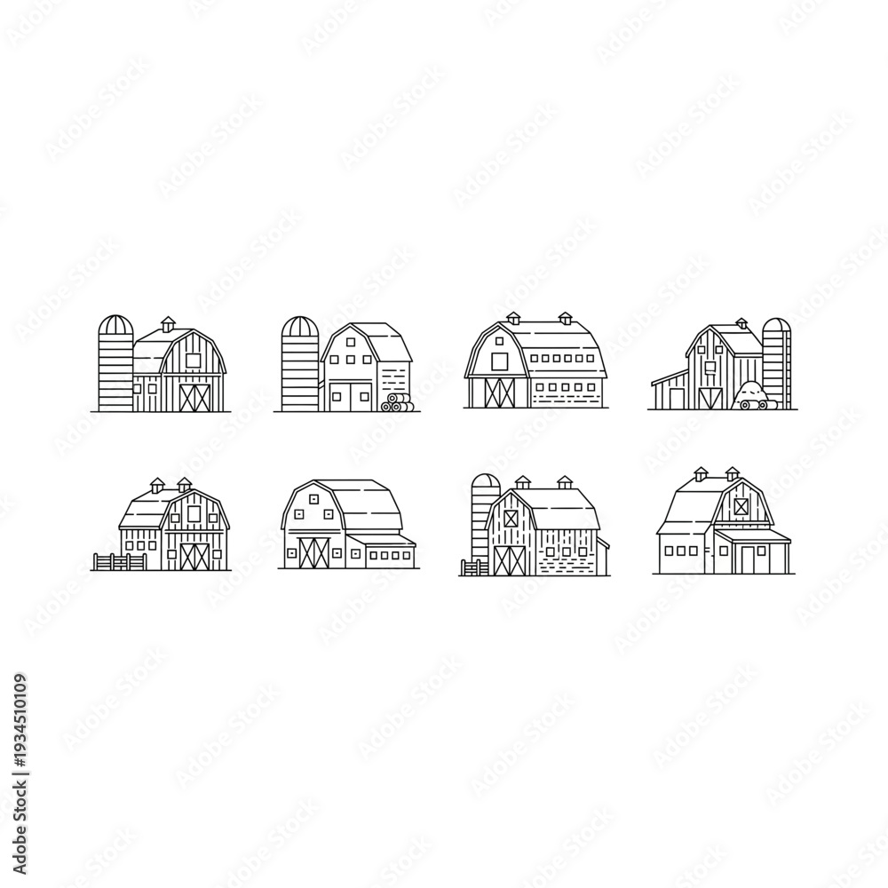 Naklejka premium Farm Barn Buildings Icon Set | Rural Agricultural Architecture Line Art
