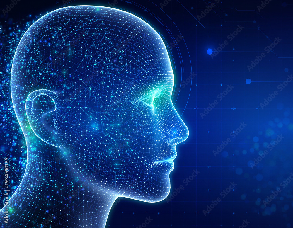 Obraz premium Futuristic AI Digital Human Head with Neural Network Visualization