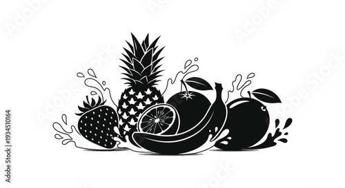 A striking black and white illustration showcases a variety of tropical fruits in a detailed silhouette high quality