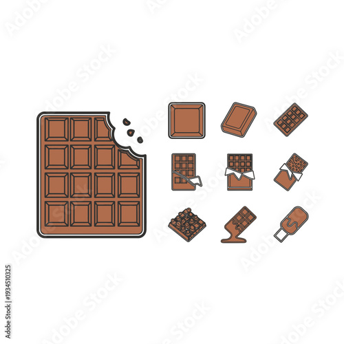 Bitten Chocolate Bar Sweet Treat Icon Set for Food & Confectionery