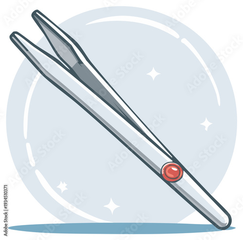 Silver Metal Tweezers for Grooming and Removal with Red Button Detail, Illustration
