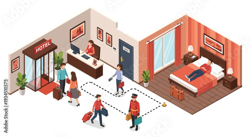 Isometric illustration of a hotel lobby and guest rooms with people