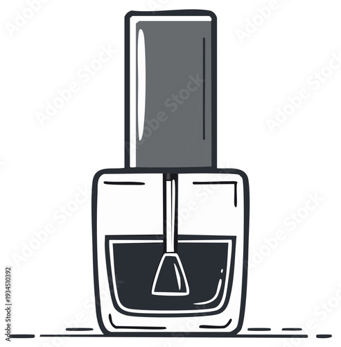 Stylish hand drawn illustration of a classic cosmetic nail polish bottle featuring an applicator brush and dark cap