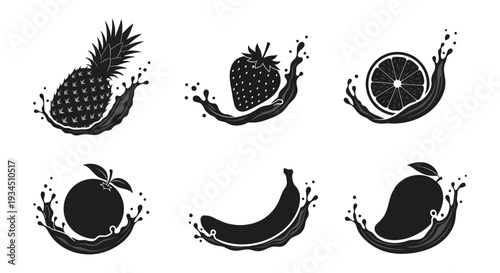 A striking collection of tropical fruit designs featuring dynamic splashes presented as black silhouettes high quality professional detailed