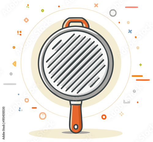 Round cast iron grill pan with handle, featuring textured ridges and a whimsical geometric pattern background.