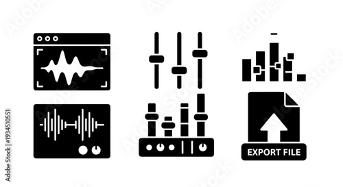 Black and white audio waveform icons.