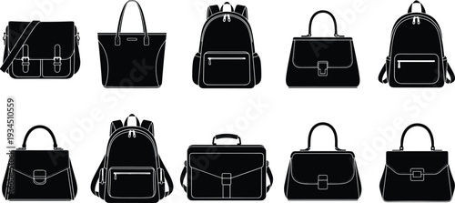 Bag and backpack silhouette collection, fashion handbags set, modern accessories design, school travel business purse vector illustration
