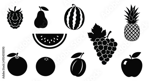 A collection of various fruit icons displayed in a stark black silhouette offering a visually appealing arrangement