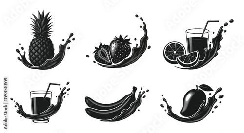 A vibrant collection of tropical fruits like pineapple strawberry and orange bursting with juice in silhouette high quality