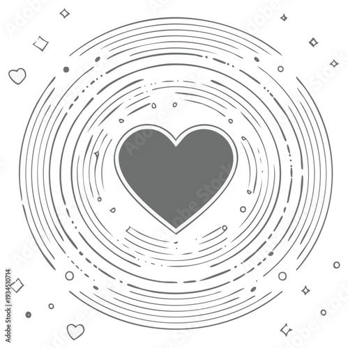 Outline heart symbol surrounded by swirling circular lines and subtle sparkles concept of love energy