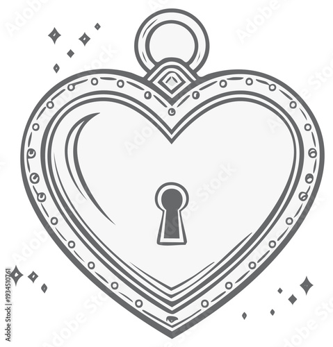 Heart shaped locket illustration with keyhole, love symbol vintage style drawing