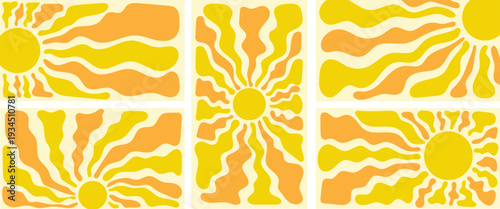 Vintage groovy yellow and orang sun collection featuring wavy sun rays, warm retro gradients and psychedelic boho shapes, ideal for posters, wallpapers, branding and creative vector projects