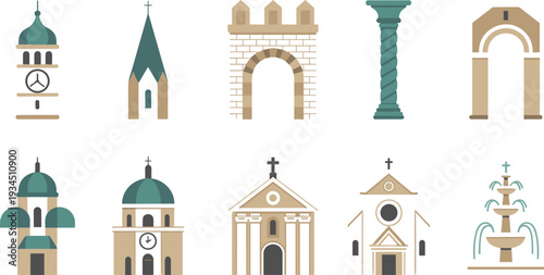 European architectural landmarks icon set featuring churches, arches, columns, towers and fountain in minimalist flat vector style