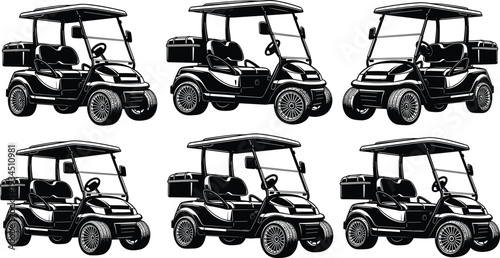 Black and white golf cart vector illustration set, electric utility vehicle line art, modern transportation icon collection design