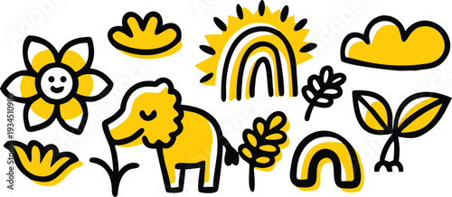A set of cute cartoon illustrations of a sheep sun rainbow flower clouds and leaves in a simple doodle style on a transparent background