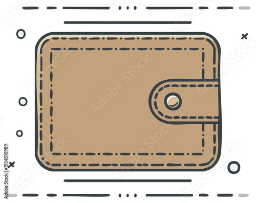 Illustrated brown wallet with button closure and stitching, sketch style.