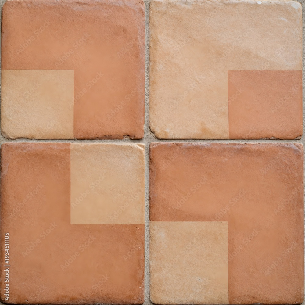 Fototapeta premium Rustic square terracotta tiles with natural earthy clay texture and weathered surface variations, creating a warm, traditional background for architectural designs