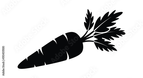 A striking black silhouette depicts a freshly harvested carrot with vibrant green leafy tops silhouette high quality professional