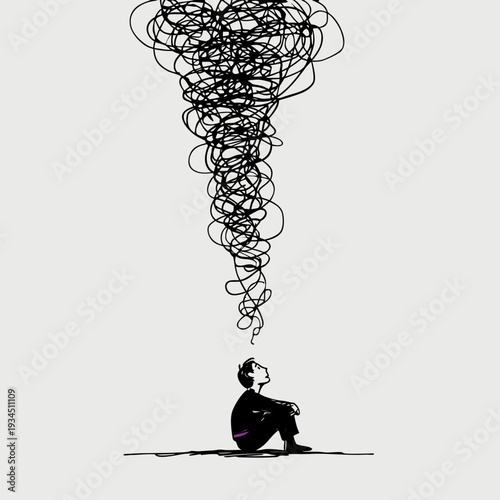 overthinking and anxiety concept illustration of a young adult with chaotic thoughts and tangled lines

