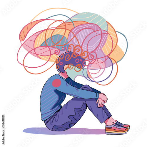 overthinking and anxiety concept illustration of a young adult with chaotic thoughts and tangled lines
