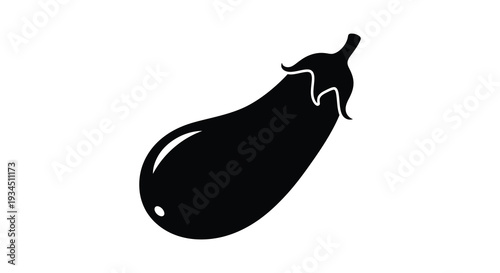 A striking black silhouette depicts a single elongated eggplant against a bright white background silhouette high quality professional