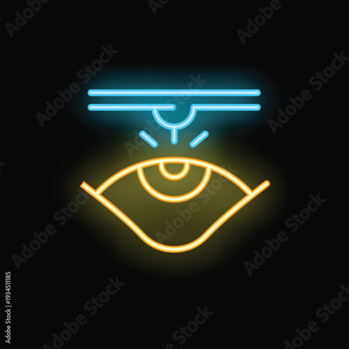 Neon icon of eye tracking system scanning retina with light beam on black background