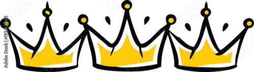 Three yellow cartoon crowns with black outlines and yellow gems on a  transparent  background  royalty symbol