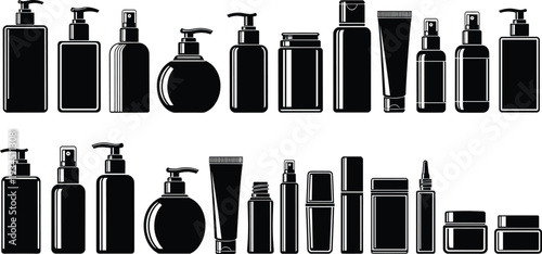 Cosmetic bottle and container silhouette set, skincare packaging collection, beauty product mockup, cosmetic branding vector illustration design