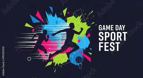A vibrant vector graphic illustration of two athletes running in a colorful game day sport fest design