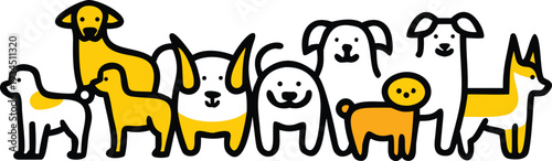 Group of cute cartoon dogs in various poses and colors standing together in a playful illustration