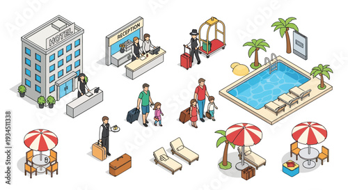 Isometric illustration of a bustling hotel resort with various amenities