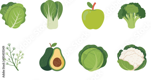 Healthy green vegetables and fruits icon set, flat organic food illustration collection isolated