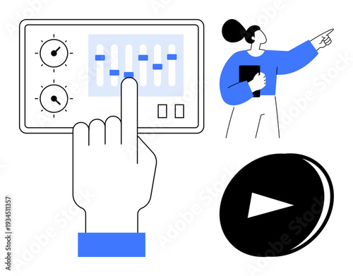 Media management, teamwork, user interaction, digital tools, education, remote work. Hand adjusting sliding controls on a panel, woman pointing and play button icon. Media management and teamwork